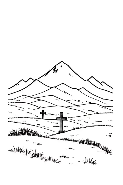 rolling grassy hills with 3 wooden crosses far away in background with mountain range behind it tattoo design idea