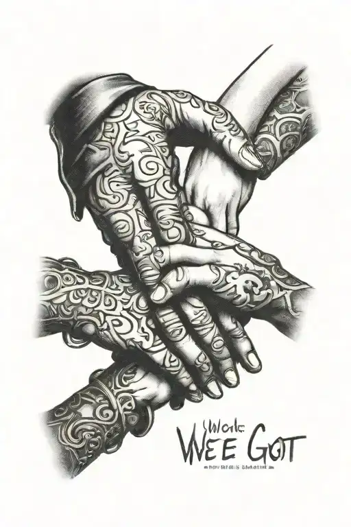 3 people holding hands holding each other, with the phrase we all we got at the top  tattoo design idea