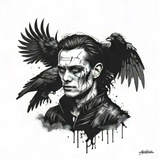 a tattoo inspired by the new movie of the crow starting bill skarsgård. make him look badass with crows and gothic tattoo design idea