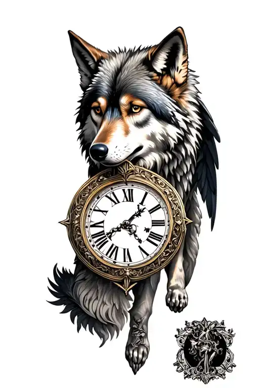 tattoo with a wolf with a Roman clock around it it has wings tattoo design idea
