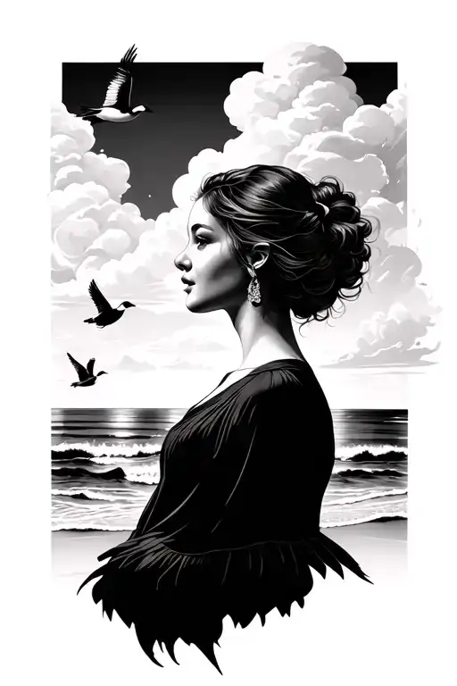background beach and clouds with two geese flying by, with a side profile of a woman facing the right in the foreground  tattoo design idea