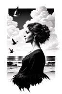 background beach and clouds with two geese flying by, with a side profile of a woman facing the right in the foreground  tattoo design idea