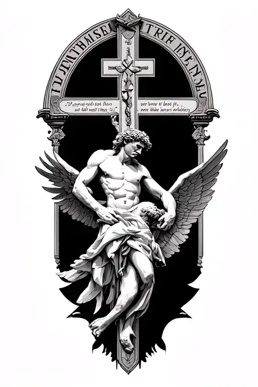icarus with a cross behind him and a bible verse on top corinthians 16:17 tattoo design idea