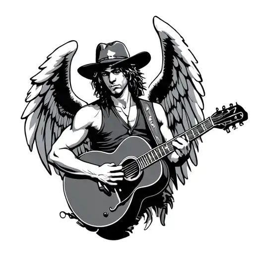 A male angel with a short mullet and a trucker hat, head hanging down, face not visible, playing guitar, with big wings tattoo design idea