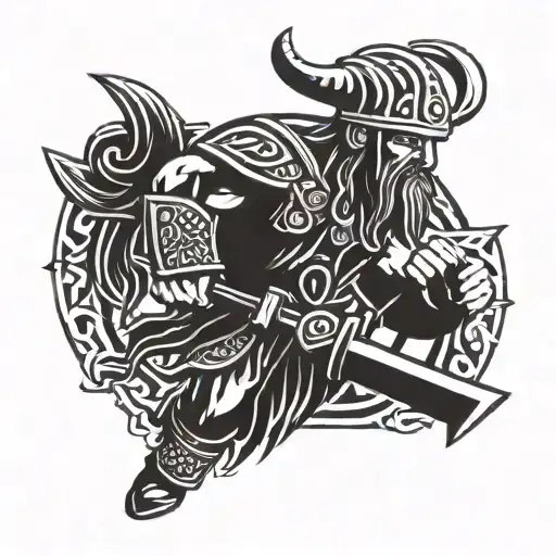 2D Viking warrior make a strike with a hammer tattoo design idea