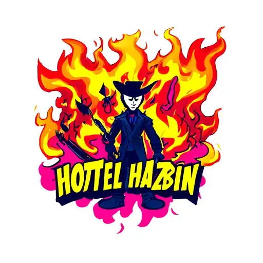 in the center is Alistair from the cartoon "hotel hazbin" with fire in the background tattoo design idea