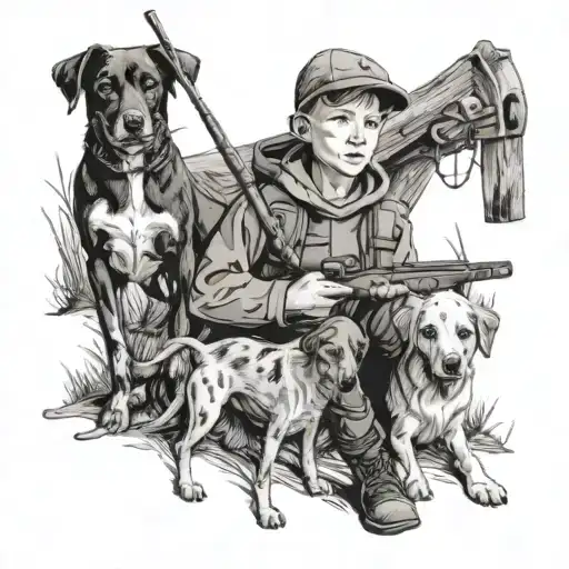 A portrait of a young boy holding a fishing net, with a backdrop of hunting dogs and rifles, representing the client's favorite things as a boy and man tattoo design idea