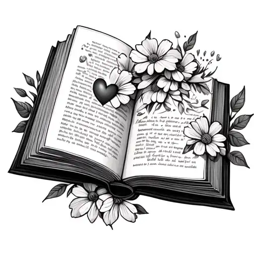 open book with small flowers and tiny heart surrounded tattoo design idea