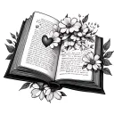 open book with small flowers and tiny heart surrounded tattoo design idea