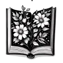 open book with small flowers and tiny heart surrounded tattoo design idea
