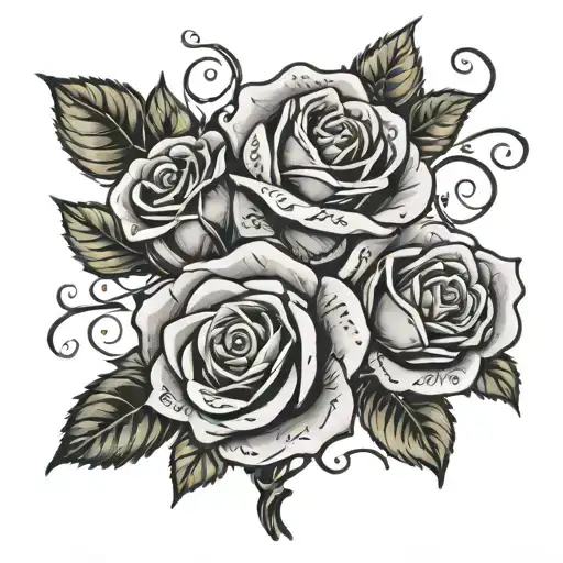 roses with family names on stems tied together tattoo design idea
