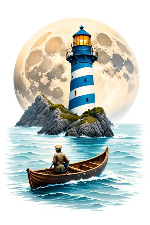 sailor approaching light house on row boat with moon  tattoo design idea