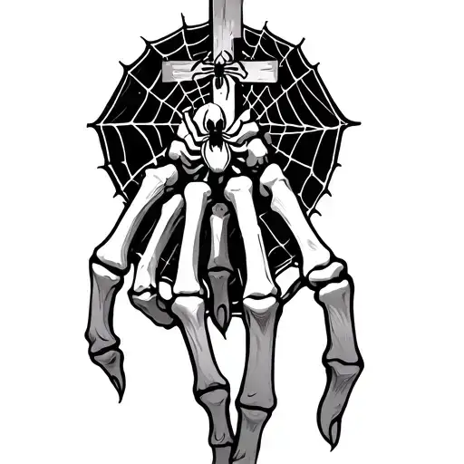 hand bones with spider webs inside the bones and a cross behind everything kinda hidden and a spider in there to tattoo design idea