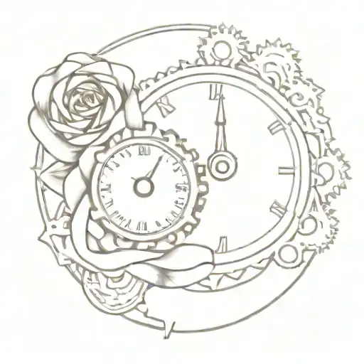 rose and clock gears intertwined tattoo design idea