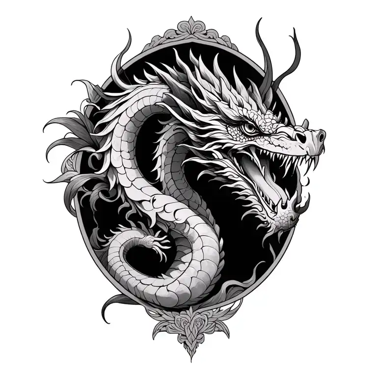 art nouveau, neo traditional, black and grey, stippling, dragon tattoo design idea