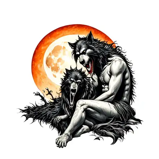 tribal tattoo of a vampire sitting under the moon next to a werewolf under the sun tattoo design idea