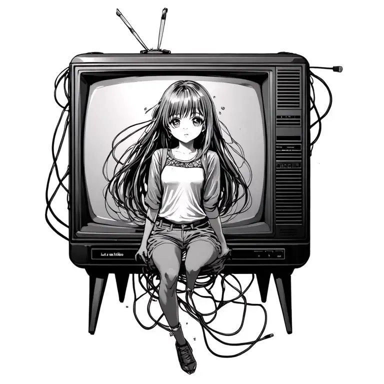 a tattoo of an anime girl coming out of a retro television covered in loose wiring tattoo design idea