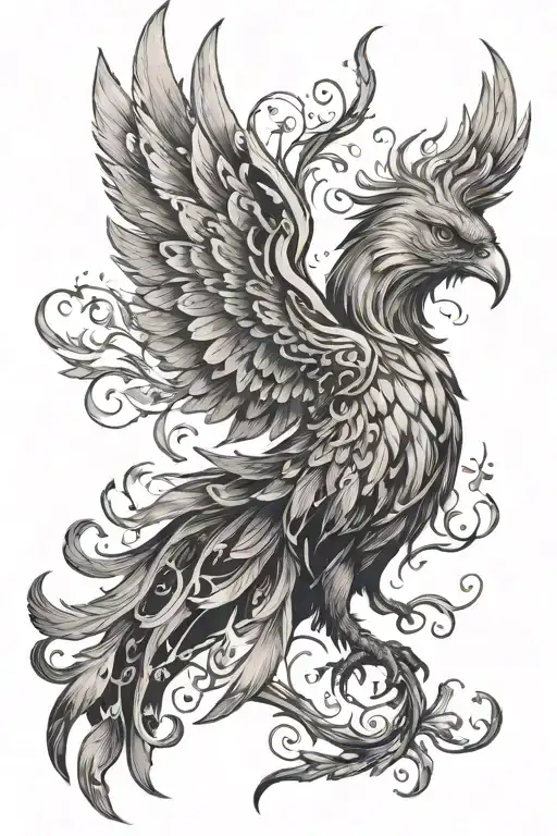 A reborn phoenix, its wings merging into patterns of galaxies and stars. The base of the phoenix can be a tree or roots tattoo design idea