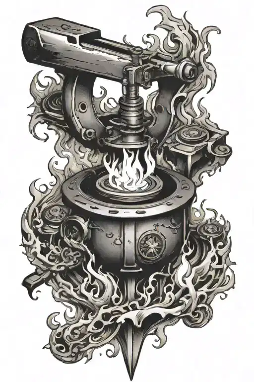 compas on an anvil surrounded by flames tattoo design idea