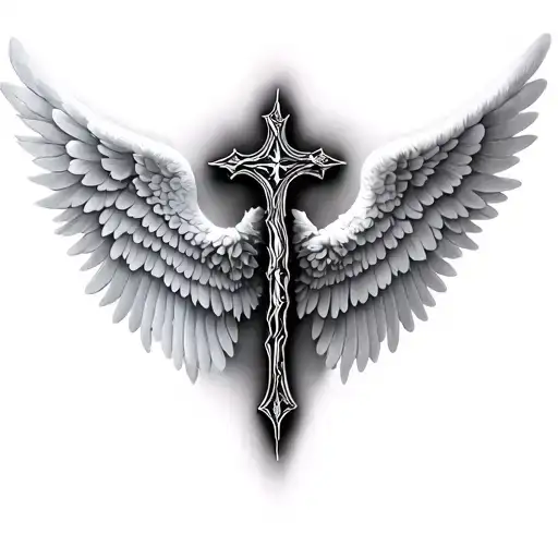 3D shaded cross spaced out in the middle of  virtues angel wings  tattoo design idea