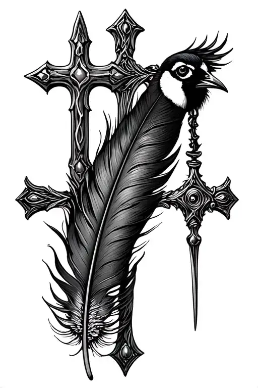 three nail cross and a pheasant feather tattoo design idea