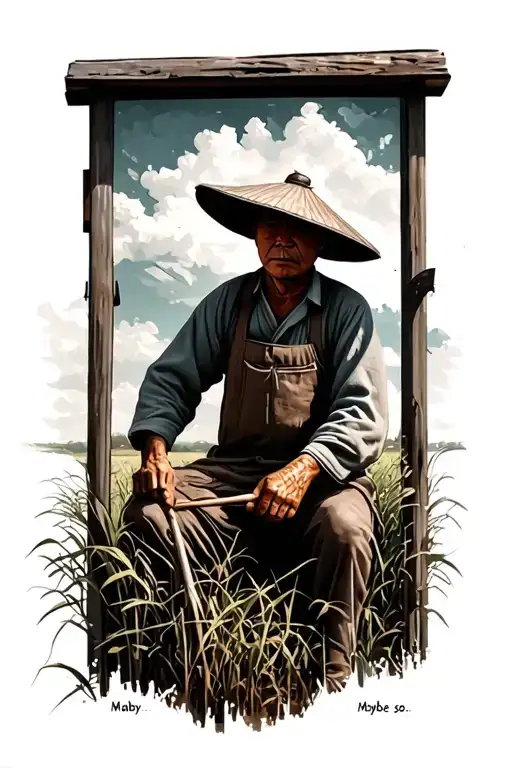 "Maybe so" "Maybe so…" old Chinese farmer working in the field with his face hidden by his hat tattoo design idea