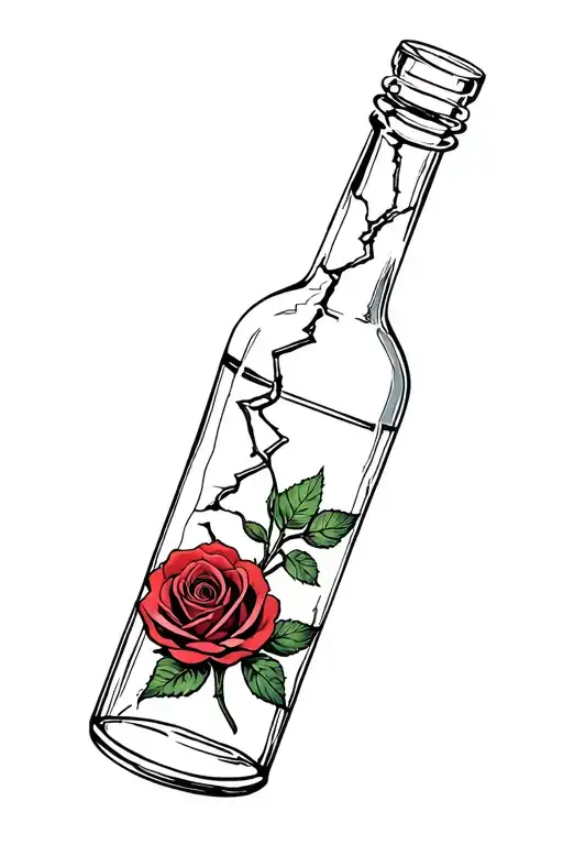 broken liqour bottle, inside is one dead rose and one rose alive tattoo design idea