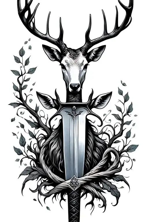 long sword wrapped masculine deer head handle small leaves running vines tattoo design idea