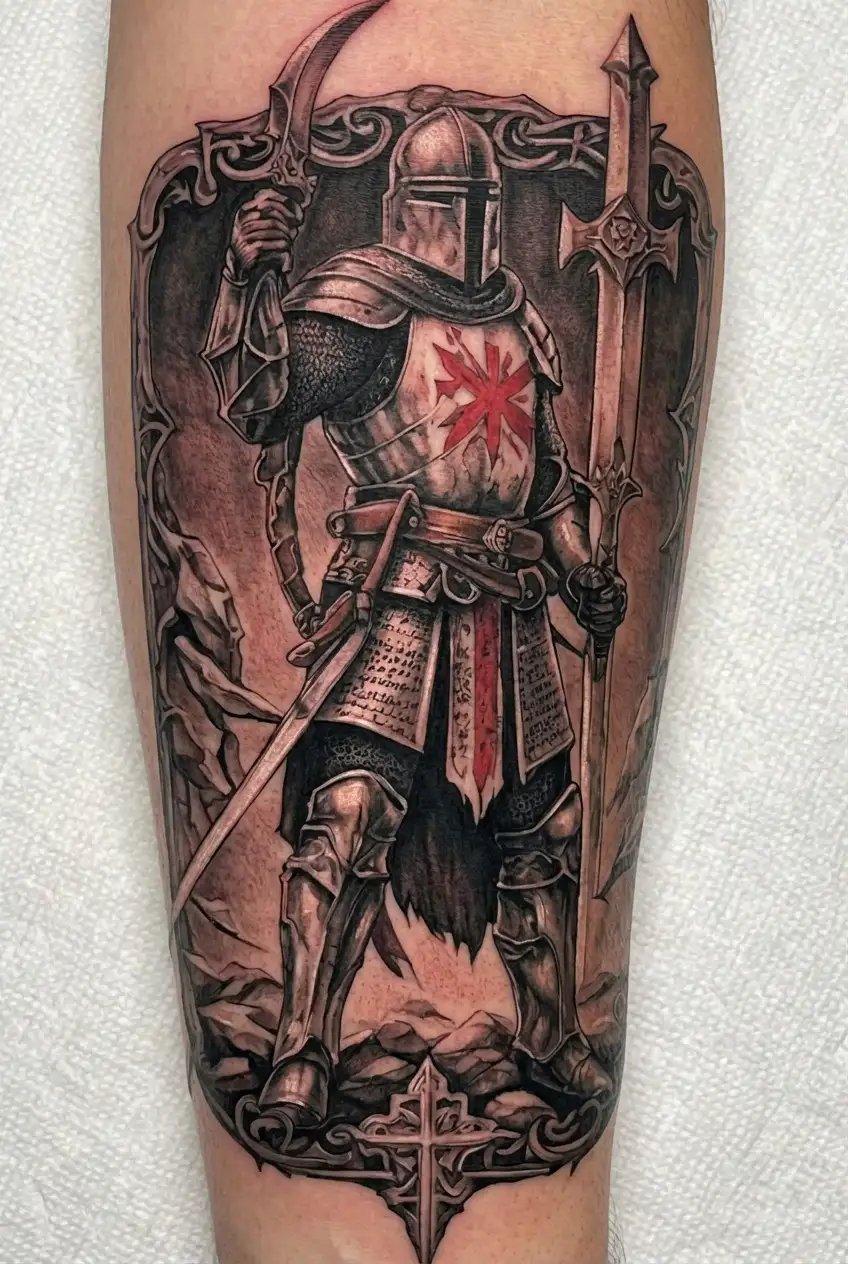 templar knight holding a sword upward, looking forward, with a christian cross in the midle of his armour tattoo design idea