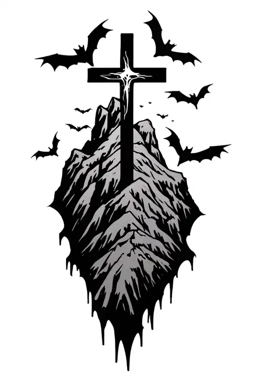 A cross on top of a mountain with small bats flying around tattoo design idea