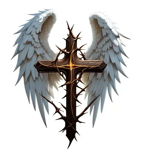 a angelic wings with a withe cross surrounded by thorns tattoo design idea