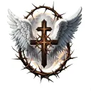 a angelic wings with a withe cross surrounded by thorns tattoo design idea