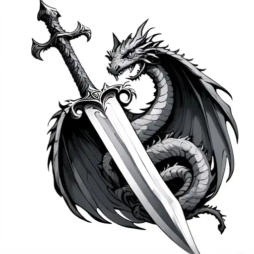 Joan of Arc sword a dragon coiled around the sword wings ticked between the spaces on the dragons body stylised lilies tattoo design idea
