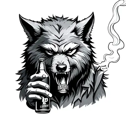 werewolf smoking cigarette holding a Busch light  tattoo design idea