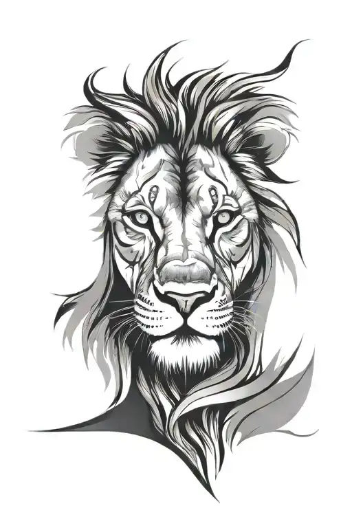 Minimalist lion head with electric blue eyes, facing head on tattoo design idea