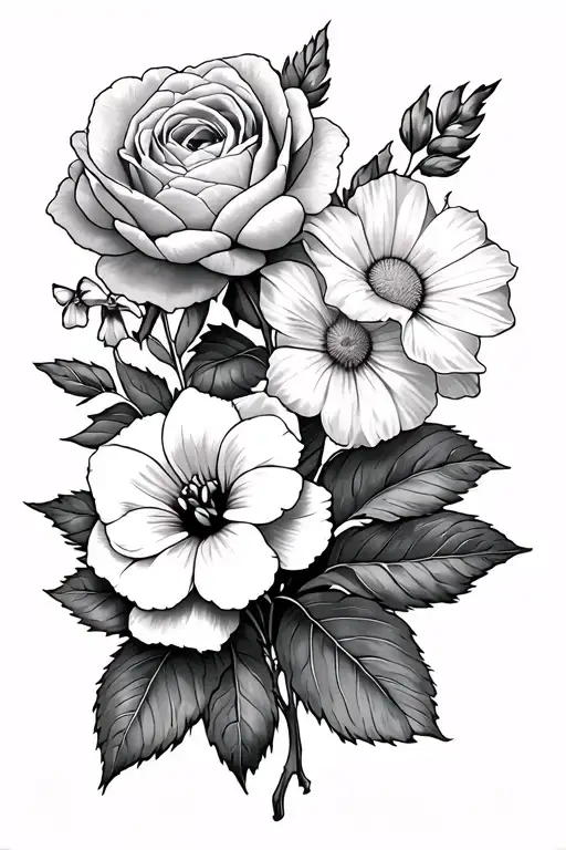 Tattoo with a peony, two roses, a morning glory, a daisy, and a narcissus black and white minimalist  tattoo design idea