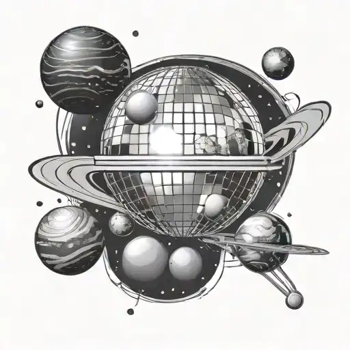 black and white tattoo: shiny disco ball reflecting a ray of light surrounded by planets from solar system tattoo design idea
