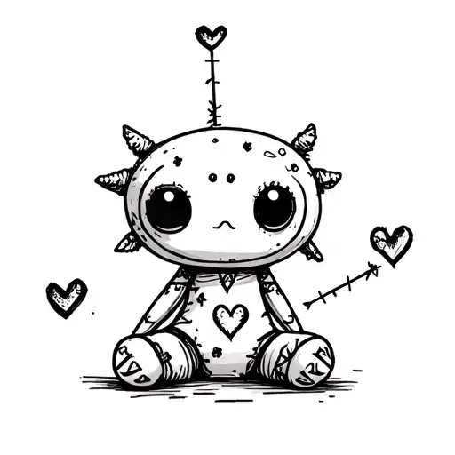 cute creature-like voodoo doll sewing itself back up and has some stitched on hearts and needles in it tattoo design idea