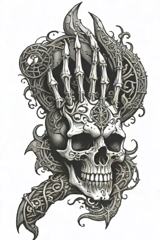 Filagree skeletal hand with black end and cracked gemstones, and some sigils, for my wrist a coiled demonic serpent bitt tattoo design idea