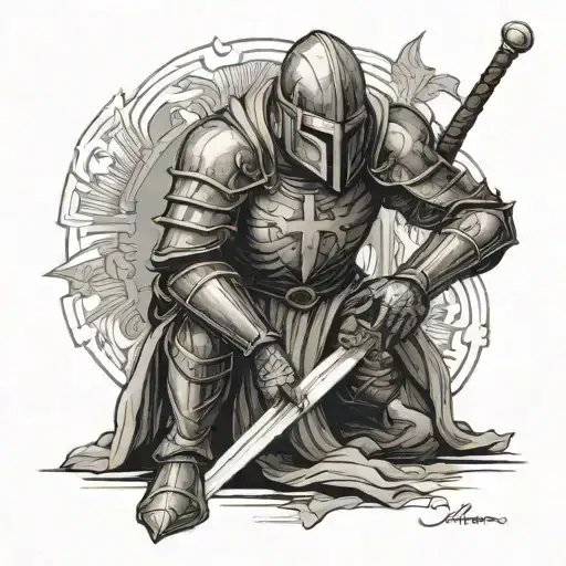 Templar knight holding sword, kneeling in prayer. tattoo design idea