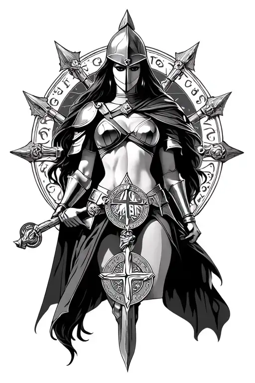 sexy realism female crusader centered infront of knights templar talisman tattoo design idea