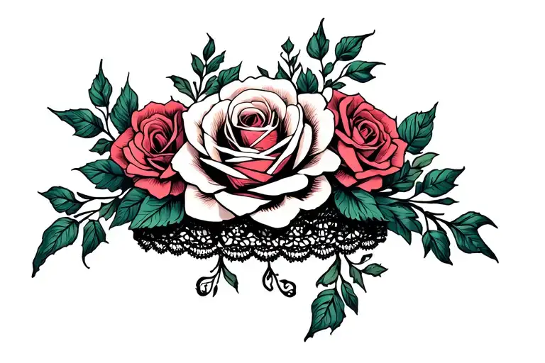 garter belt lace patterns with roses blooming tattoo design idea