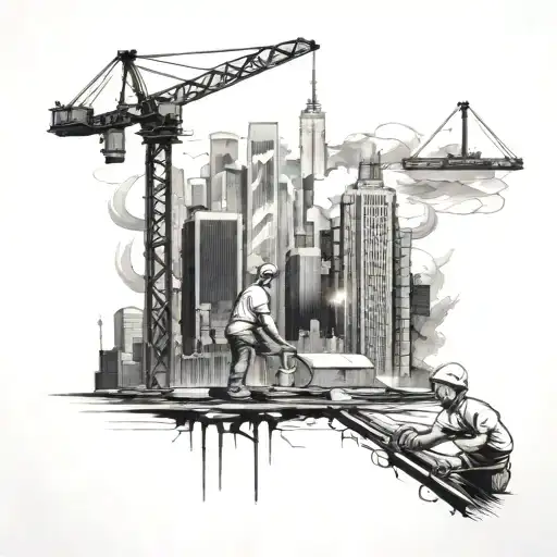 labor workers working on a construction site in new york city with skyscrapers in the background tattoo design idea