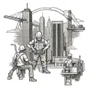 labor workers working on a construction site in new york city with skyscrapers in the background tattoo design idea