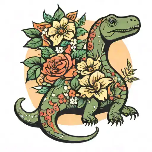 brontosaurus and flowers intertwined tattoo design idea