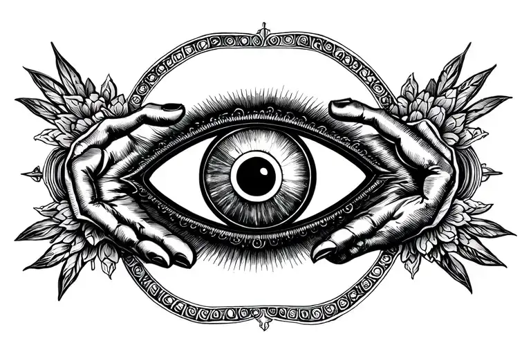 Evil Eye in center Om or Trinetra above it Hanuman’s hand blessing on sideLotus & Lakshmi mudra below Protective Yantra  tattoo design idea