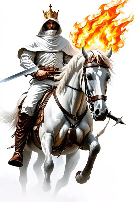 Hooded white robbed man, unable to see face, crown on head, flames coming out of eyes, holding a sword, riding a horse tattoo design idea