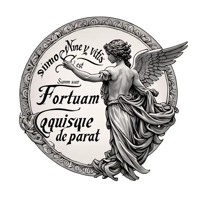 tattoo on the back, the inscription on top Nemo sine vitiis est - Fortunam suam quisque parat and below angel and de tattoo design idea