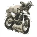 Create a tattoo showcasing a farmer riding a motocross bike through a lush, nature-filled landscape tattoo design idea