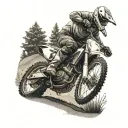 Create a tattoo showcasing a farmer riding a motocross bike through a lush, nature-filled landscape tattoo design idea